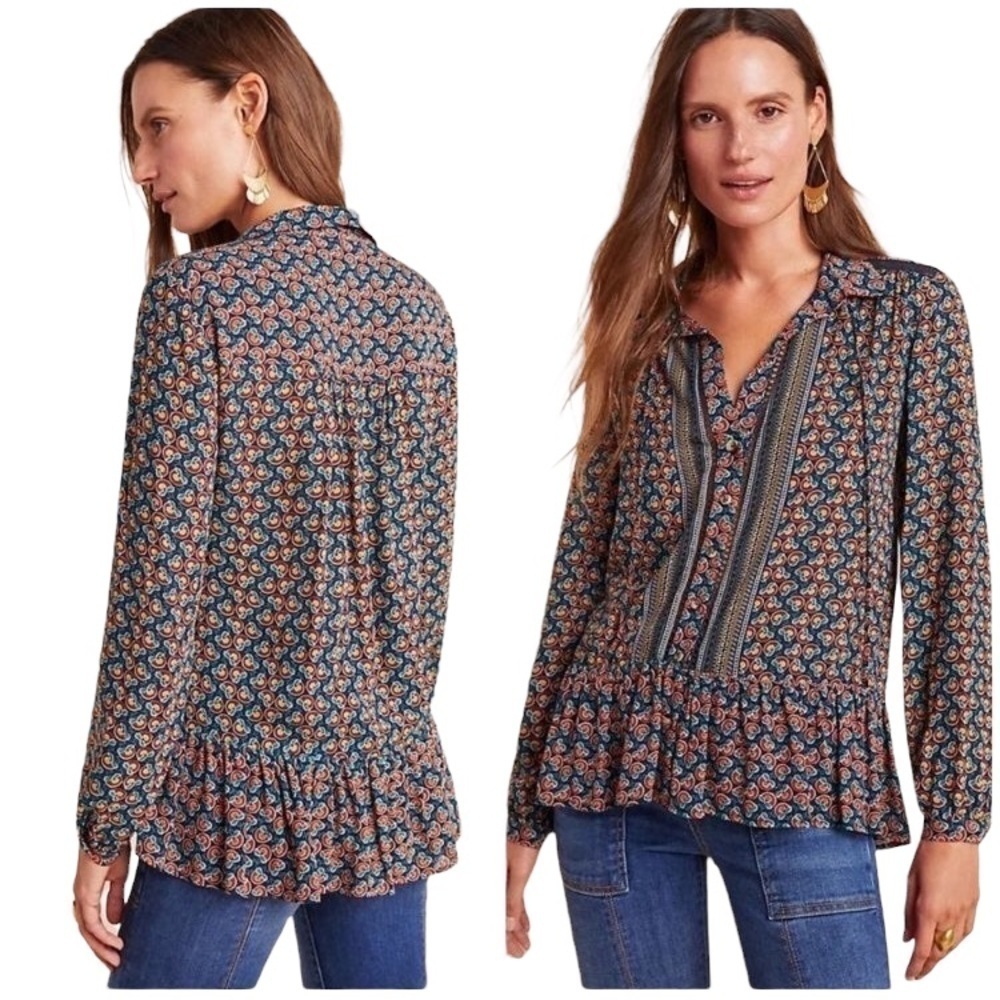 Maeve Blouse boho print peasant ruffled hem prairie anthropology block print